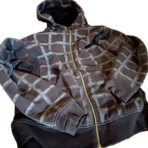 VTG Y2K Empyre Full Zip Hoodie Black/Gray Plaid Sherpa Lined Men's Size L Rare